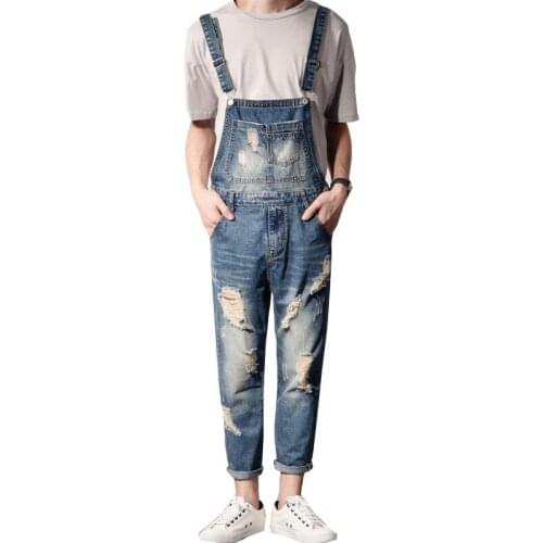 2020 New MenS Plus Size Jeans Overalls Large Size Huge Denim Bib Pants Fashion Pocket Hole Jumpsuits Ankle Length Male 4XL 5XL
