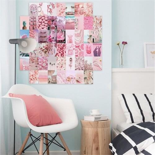 50Pcs Pink Theme Girl Style Series Small Fresh Postcard Wall Sticker Set Flower Trinket Picture for Wall Collage Room Decorative