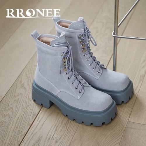 2021 New muffin thick-soled fleece Martin boots womens autumn and winter square toe simple British style lace-up chunky ankle b