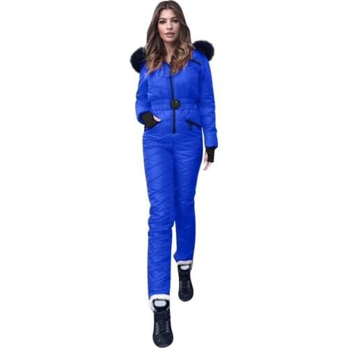 New Winter Womens Hooded Jumpsuits Parka Cotton Padded Warm Sashes Ski Suit Straight Zipper One Piece Casual Tracksuits