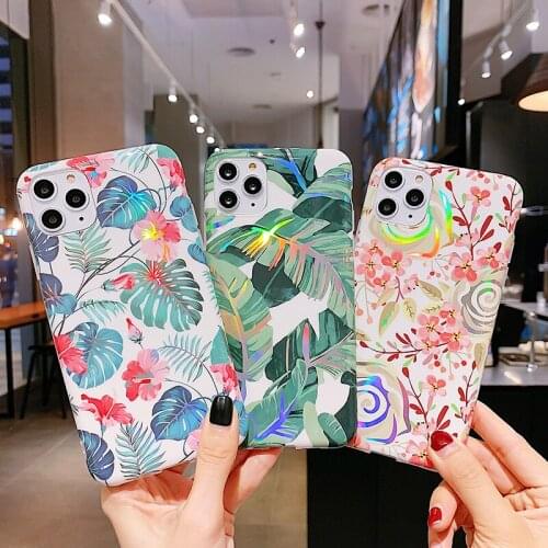 Luxury Electroplated Laser Banana Leaf Flower Phone Case For iPhone 11 12 Pro Max XR XS Max 6 6S 7 8 Plus Soft IMD Back Cover