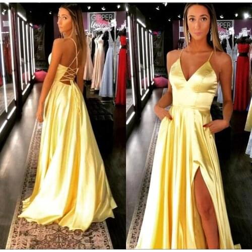 Sexy Slit V Neck Satin Yellow Evening Dresses Long Hot A Line Cris-cross Back Prom Dresses Formal Party Gown Robe de soiree