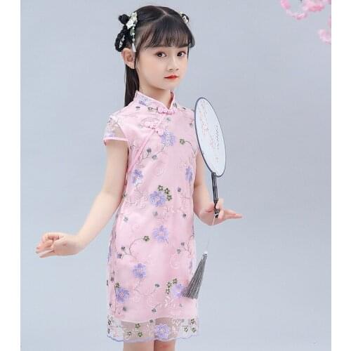 Baby Girl Qipao Silky Dress Children Chi-Pao Cheongsam Chinese New Year Costume Clothes Kids Dresses Wedding Uniform 4-14