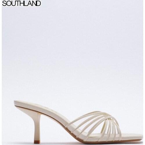 SOUTHLAND Summer new style womens shoes Nude Square head Temperament high heel sandals
