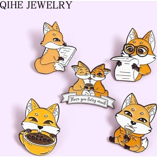 Cute Cartoon Fox Enamel Pins Drink Coffee Book Animal Brooches Bag Lapel Pin Badges Jewelry Gift for Kids Friends Wholesale
