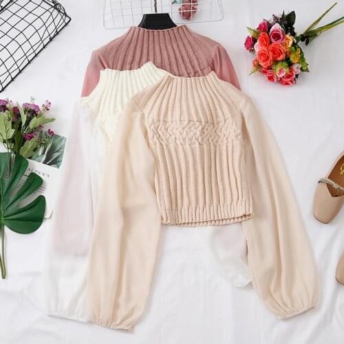 Chiffon Sleeve Stretchy Shirts Fashion Pit Knitting Slim Elastic Top Women Blouse 2021 Spring Casual Lantern Sleeve