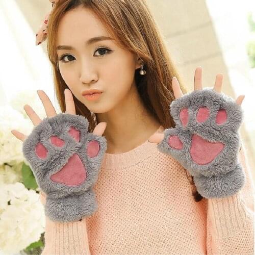Cats Paw Gloves Ladies Winter Korean Cute Girls Fingerless Thick Warm Bears Paw Plush Half-Finger Fashion Gloves