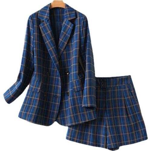 New Women Blazer Two Piece Sets Long Sleeve Blazer Coat Tops Straight Leg Short Pants Lady Plaid Suit Pants Set