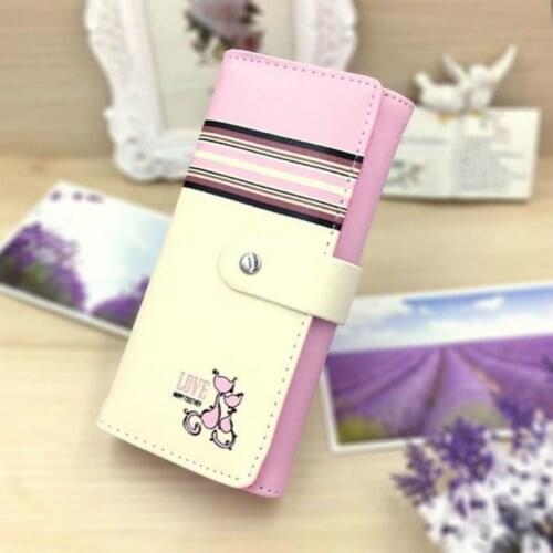 Women hasp Long Wallet PU Leather Cute girls cartoon kitty wallet long section of multi-purpose two-fold fashion wallet