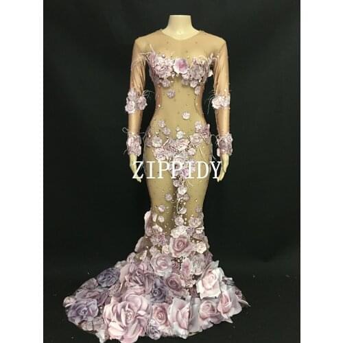 2019 Design Pink Flowers See Through Long Dress 3D Pattern Mesh Stretch Birthday Party Dress Women Singer Performance Costume