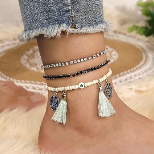 3Pcs/Set Bohemia Beaded Anklet Bracelet for Women Adjustable Rhinestone Tassels Anklets Barefoot Sandals On Foot Ankle Jewelry