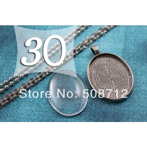 30sets DIY 22x30 mm Pendant Kits Antique Silver Oval Pendant Tray with matching Chain and Glass