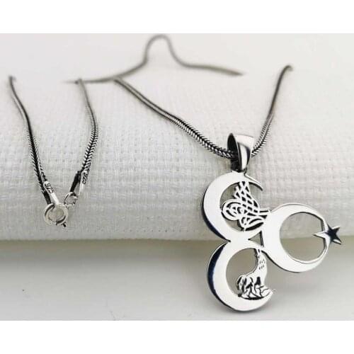 925 sterling Silver Three Crescent Tuğra And Gray Wolf Pattern Men 'S Necklace