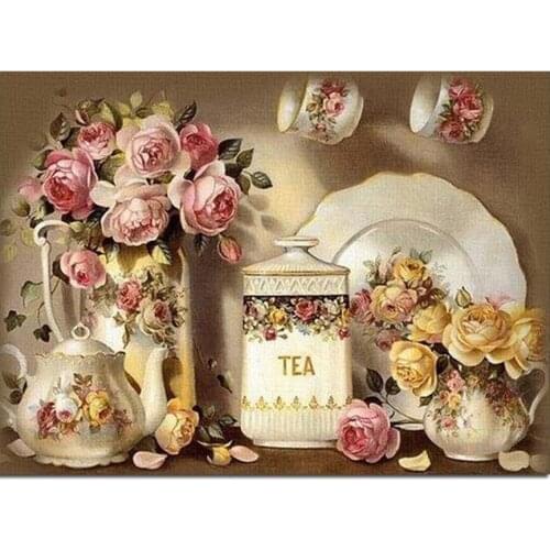 DIY 5D diamond painting kitchen decoration diamond embroidery flower tea set diamond mosaic full cross stitch mosaic kit YG1395