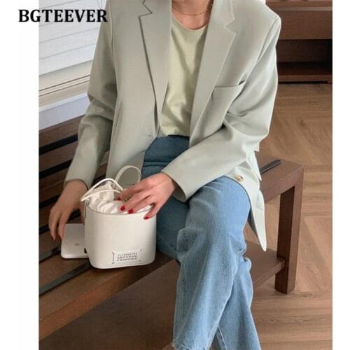 BGTEEVER Chic Notched Collar Long Sleeve Green Blazer Jackets for Women Elegant Women Loose Buttons Suit Jacket 2021