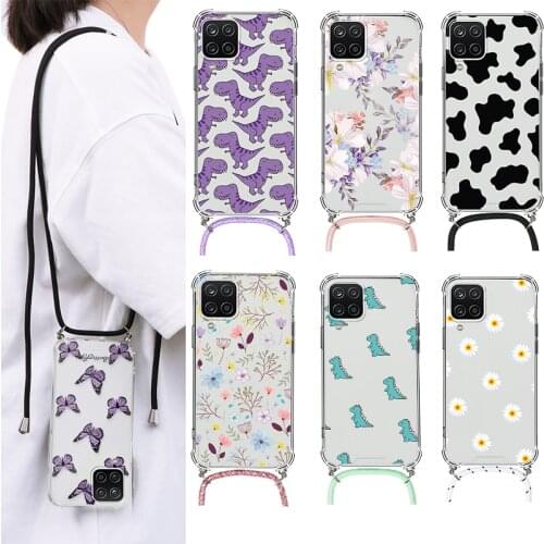 For Samsung Galaxy A12 Cases Lanyard Necklace Rope Phone Cover TPU Cases For Samsung A12 A 12 M12 M 12 6.5" Coque Flowers Luxury