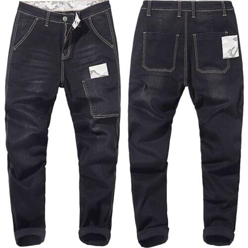 Plus Size 42 44 46 48 Mens Harlan Jeans 2020 New Fashion Camouflage Stitching Elastic Trousers Male Brand Pants Black Blue