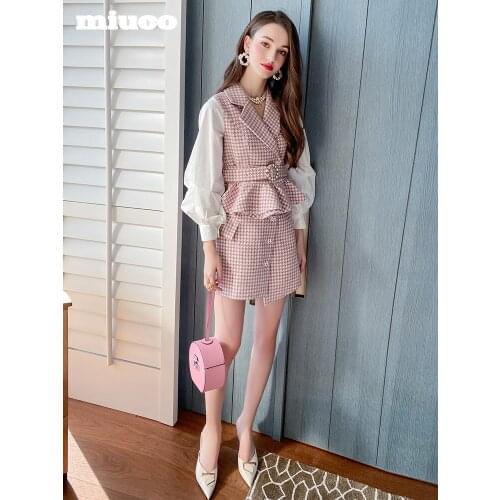 Thousand bird PLAID RUFFLE TOP+Button irregular half skirt suit 2021 new High Quality Top Quality