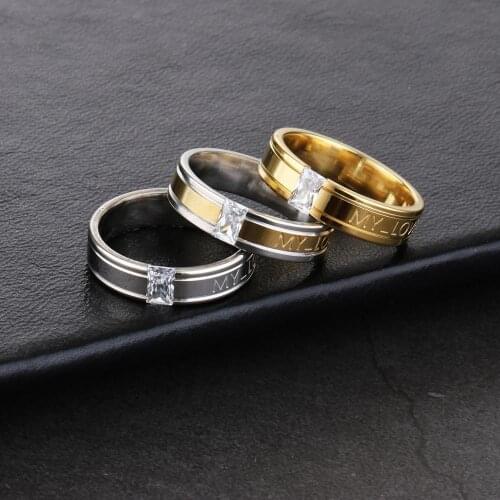 1PC 4/6mm Stainless Steel Couple Ring Romantic Zircon My Love Letter Rings for Men Women Family Wedding Engagement Bands