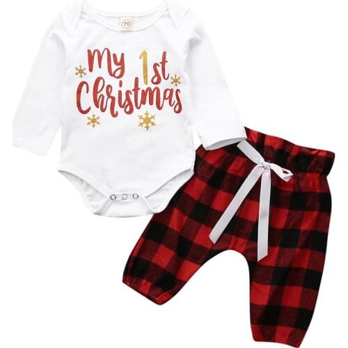 2020 Baby Girl Boy Newborn First Christmas Clothes Romper Plaid Pants Outfit 2PCS Autumn Xmas Set Party