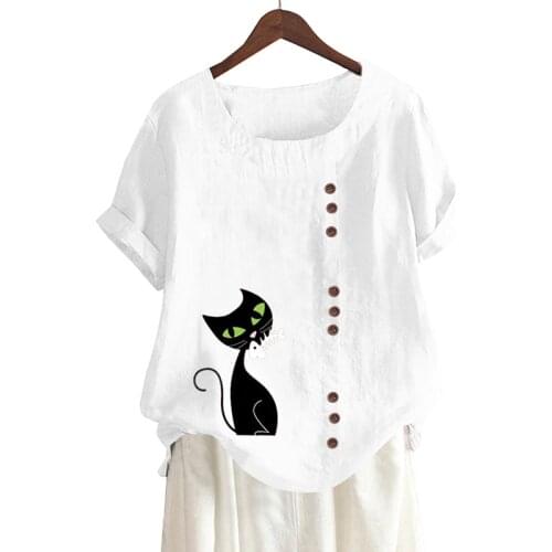 Summer Cat Print Short Sleeve T-shirt Casual Loose O-neck Fashions Streetwear Ladies Plus Size Tops Oversized Tee Shirt Femme
