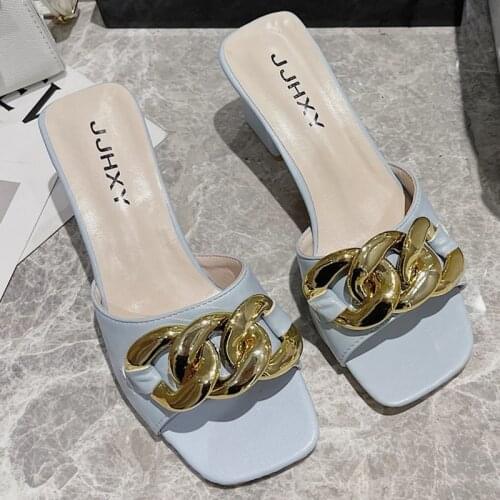 Fashion Women Sandals Beautiful Slippers 2.36 Inches Gold Chain High Heels（Size 35-43