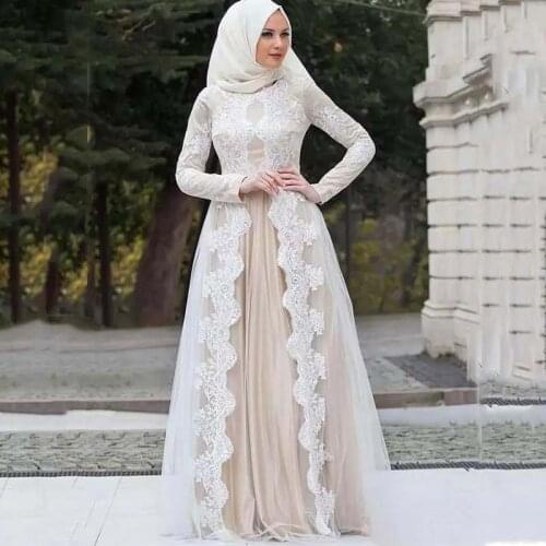 Muslim Long Sleeve Evening Dresses Lace A Line Saudi Arabic Prom Dress robes de soiree Formal Party Gowns Caftan Outfit