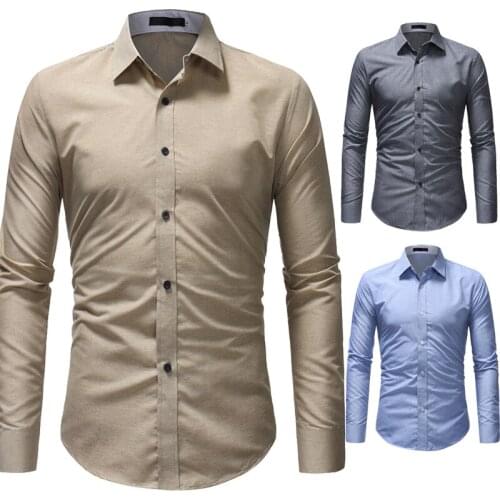 Mens Shirt Long Sleeve Solid Color Turn Down Collar Single-Breasted Cardigan Shirt Business Casual Slim All-Matching Tops
