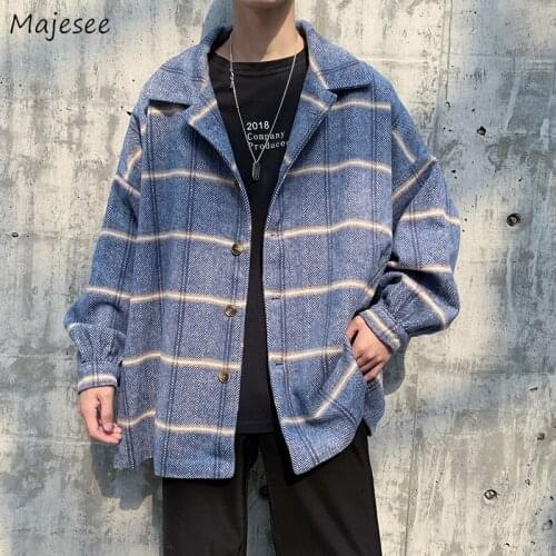 Men Blends Plaid Long Sleeve Turn-down Collar Single Breasted Sanding Korean Style Ins Baggy Handsome Leisure Male Wool Harajuku