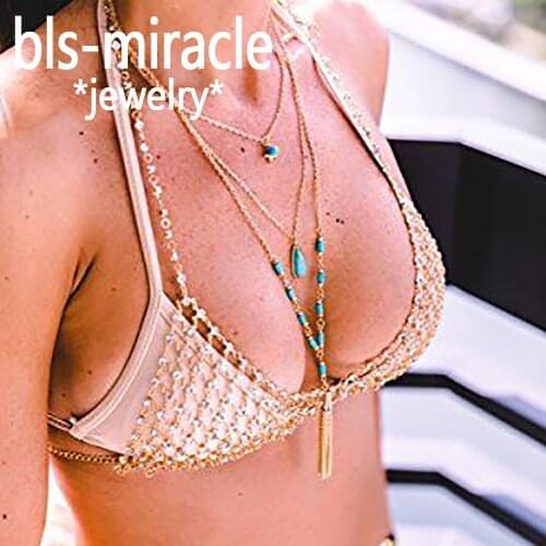 Bls-miracle Boho Water Drop Green Stone Multi-layer Necklaces For Women Tassel Retro Wind Sweater Chain Necklace Collar Jewelry