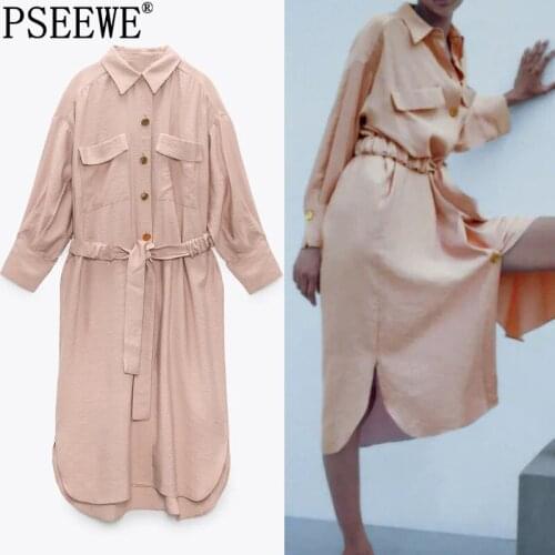 PSEEWE Za Dress 2021 Pink Shirt Dress Women Oversized Long Dresses Woman Autumn Fahsion Belt Tied Long Sleeve Casual Dresses