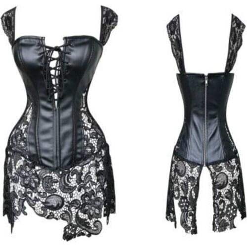Sexy Leather Corsets Skirt Lace-up Hollow Out Corsele Black Faux Leather Lace Shaper Bustier Plus Size Steampunk Corset Dress