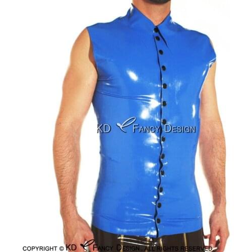 Blue Sexy Latex Shirt With Buttons At Front Turn Down Collar Sleeveless Rubber Shirt Top Clothing YF-0075