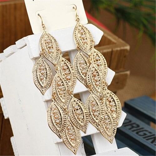 Special Women Personality exaggerated gold color pearl leaf Long hanging earrings