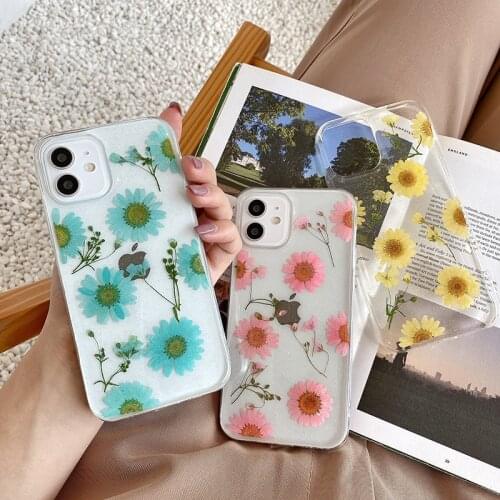 Hot Glitter Epoxy Dried Flower chrysanthemum Soft Phone Case On For iPhone 12 11 Pro XS Max XR X 7 8 Plus SE 2 Silicone Cover