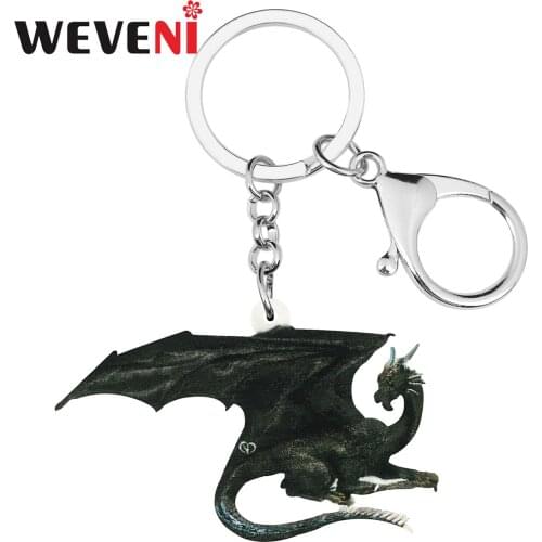 WEVENI Acrylic Black Dinosaur Dragon Keychains Key Ring Long Printing Animal Jewelry For Women Kid Fashion Gift Car Accessories
