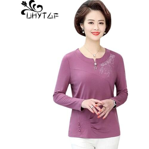 UHYTGF 5XL plus size top female fashion beaded O neck elegant mom thin t shirts women long sleeve pullover spring T-shirt 1518