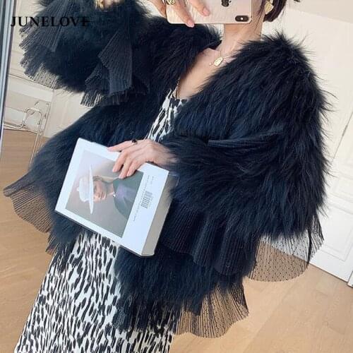 JuneLove Faux Fox Fur Coat Temperament Warmth Imitation Mink Bomber Jacket Cardigan Lace Ruffled Fluffy Long Sleeve Womens Coat
