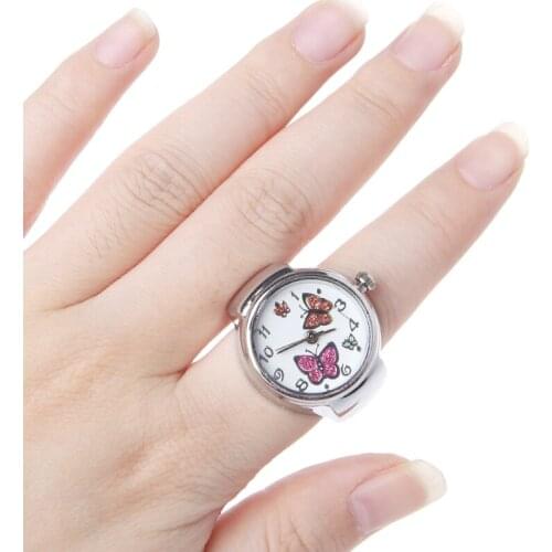 Women Dial Quartz Analog Finger Ring Watch Butterfly Elastic Gift Creative Steel L93F