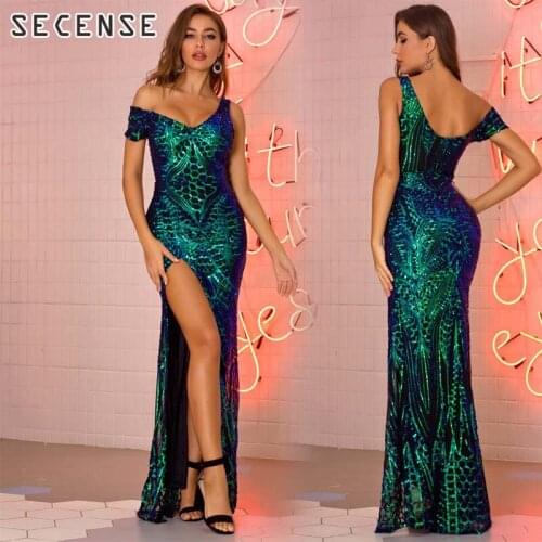 Womens Dresses Sequinned Sleeveless Embroidery Long Dress Off Shoulder Vintage Elegant Evening Party Female Flare Skirt SECENSE