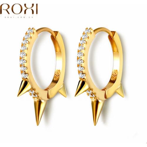 ROXI 100% 925 Sterling Silver Punk Rivet Small Open Hoop Earrings Cubic Zirconia Spike Earrings for Women Fashion Jewelry Gifts