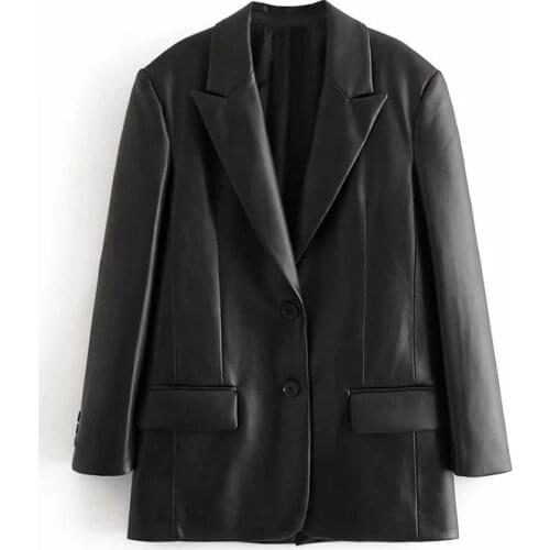 TRAF Za 2021 Black Blazer Women PU Faux Leather Jacket Woman Fashion Button Jacket Female Oversize Long Sleeve Casual Blazer