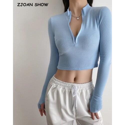 2021 Women Knit Striped Line Zipper Stand Collar Sweater CHIC Exposed navel Short Pullover Knitwear Long sleeve Crop Jumper Tops