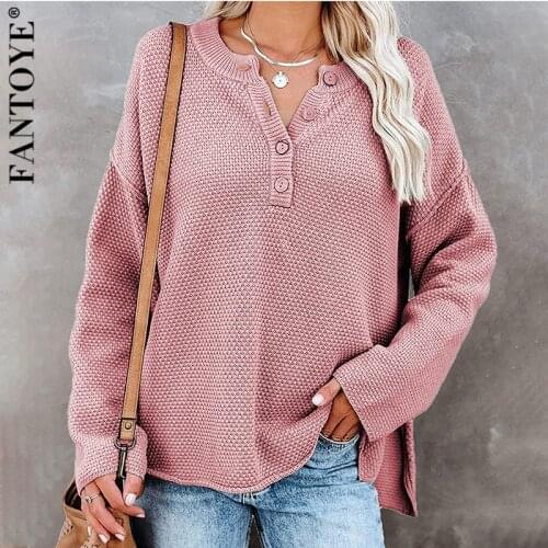 Fantoye Knitted Fashion O-neck Button Women Sweater Black Long Sleeve Loose Split Sweater Ladies Autumn Sexy Casual Streetwear