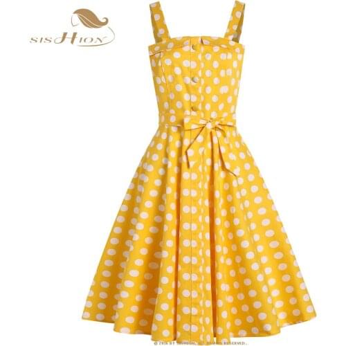 SISHION 2021 Spaghetti Strap Polka Dots Yellow Summer Dress VD1914 A Line Swing Cotton Retro Hepburn Vintage Dresses
