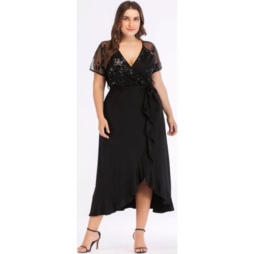 Plus Size Women summer Sequin Casual Dress Female V Neck Short Sleeve Birthday Party Dresses Ruffles Irregular Maxi Long Dress