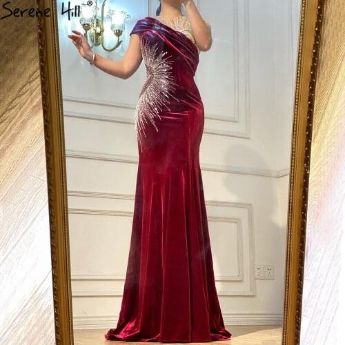 Serene Hill Burgundy Velvet Mermaid Luxury Evening Gown For Women 2021 Cap Sleeves Beading Elegant Formal Party Dress CLA70939