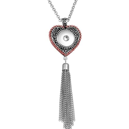Snap Jewelry Vintage Crystal Love Heart Snap Button Long Tassel Necklace Choker Collar with 80cm Chain mm Snap Buttons Gifts