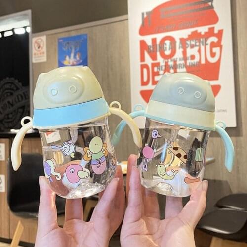 280ml/380ml 2 Colors Creative Water Bottle Cartoon Print Handle Design Portable Baby Gravity Ball Straw Bottle for Outdoor