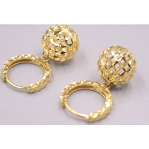 Au750 Real 18K Yellow Gold Woman Earrings Lucky Hollow Ball Dangle Earrings 2.8-3g 24x10mm / Best Gift